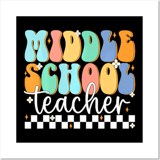 Middle School Teacher Retro Groovy Happy First Day Of School Posters and Art